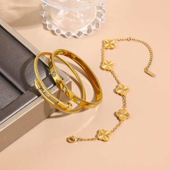 Women's 18K Gold Plated Clover Bangle Lucky Jewelry Gift for Women - Picture 4 of 7